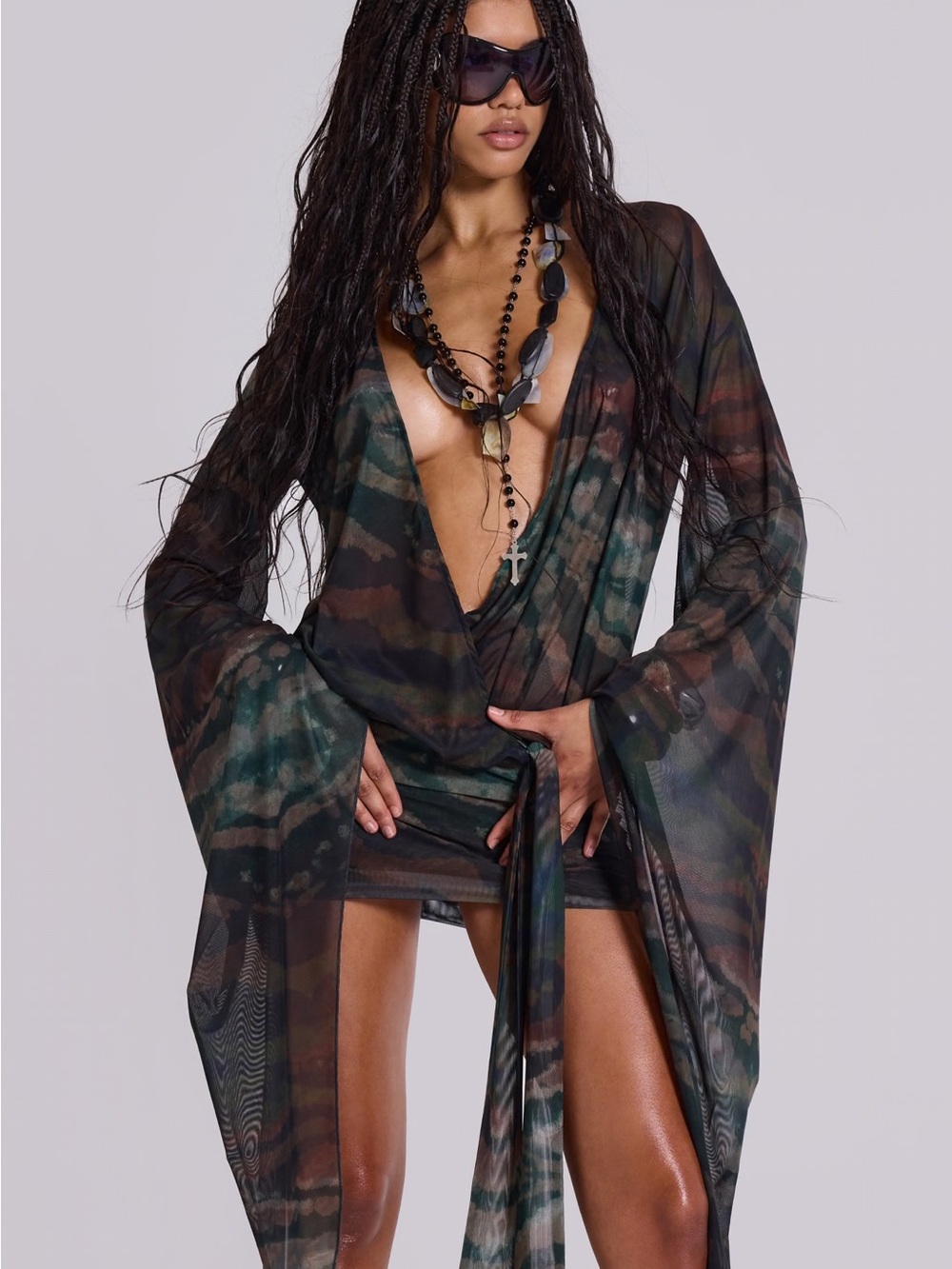 JADED LONDON Aria Mesh Plunge Mini Dress in Labyrinth